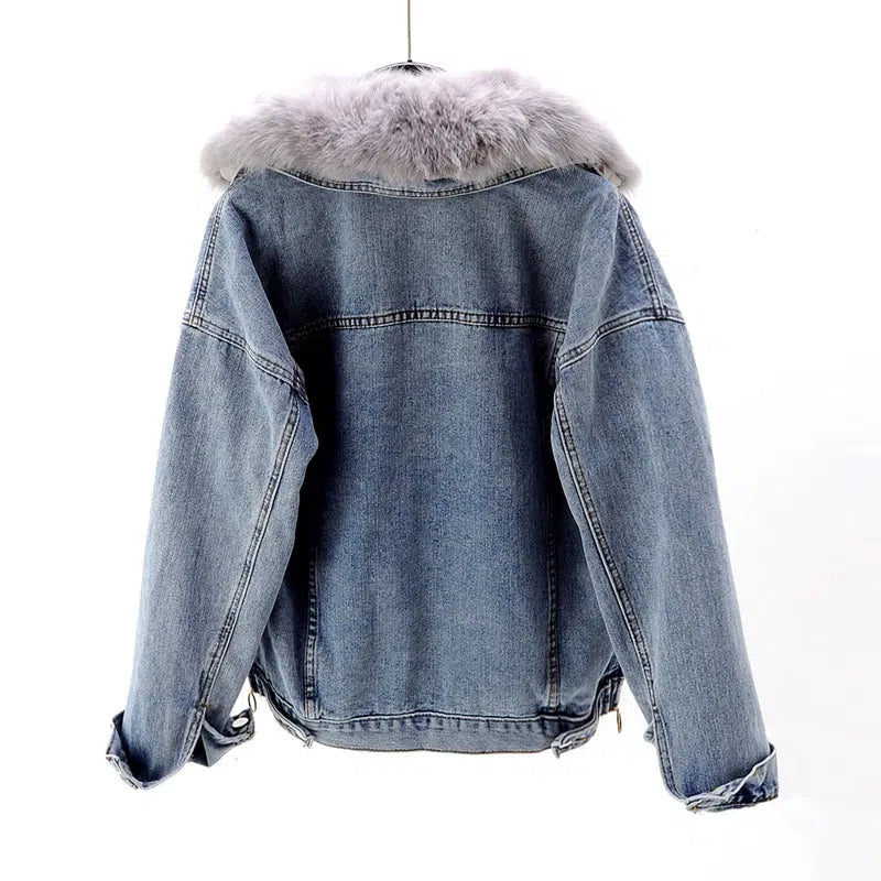 Winter Removable Fur Liner Denim Jacket with Fox Fur Collar-The Korean Fashion