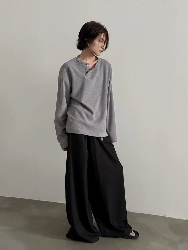 Long-Sleeve Oblique Button Pullover