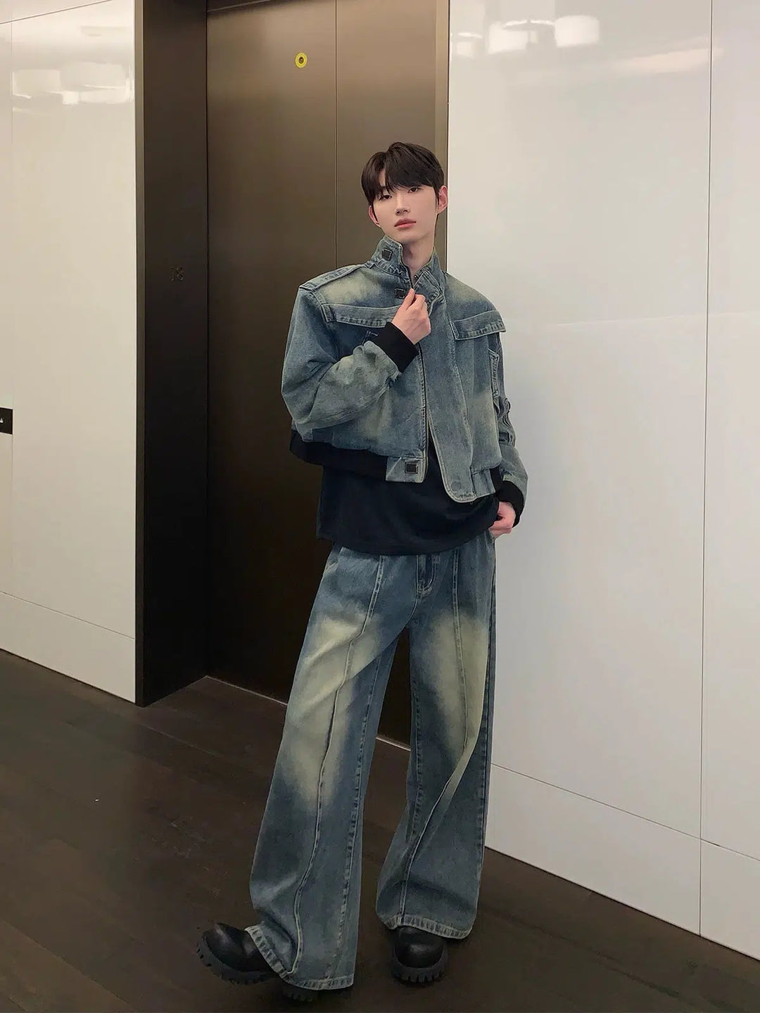 Distressed Stand Collar Denim Jacket Pants Set-The Korean Fashion