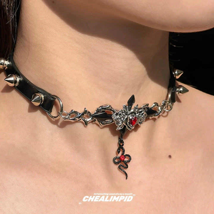 Spiked Rivet Ruby Snake Choker Necklace-The Korean Fashion