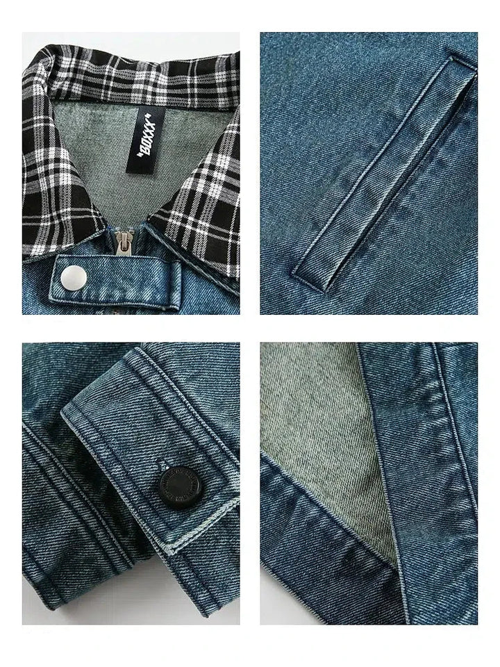 Plaid Collar Patchwork Denim Jacket