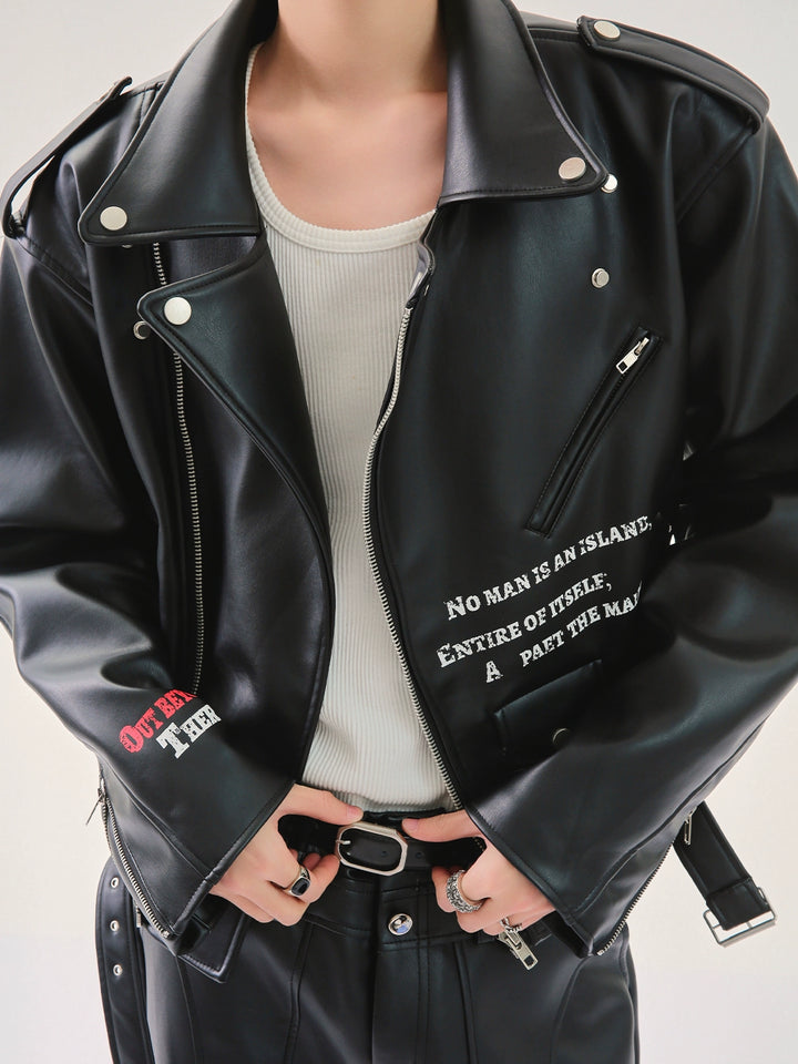 Letter Print Leather Motorcycle Jacket