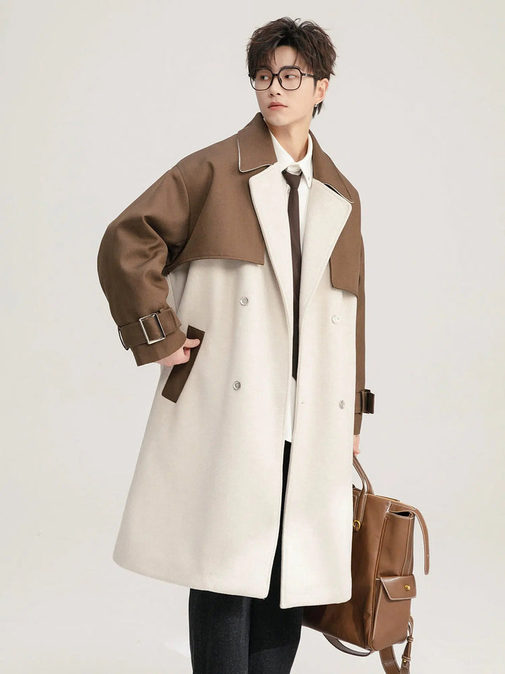 Dual-Tone Contrast Wool Coat with Belt-The Korean Fashion