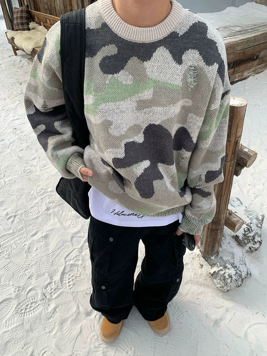 Camouflage Knit Round Neck Sweater