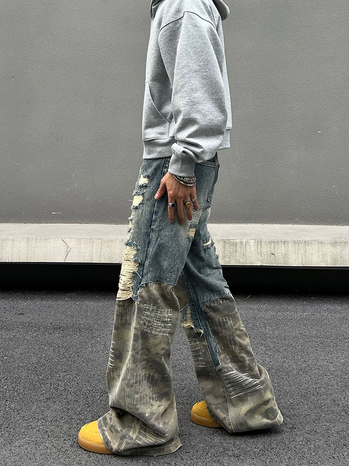 Stitching Camouflage Ripped Jeans