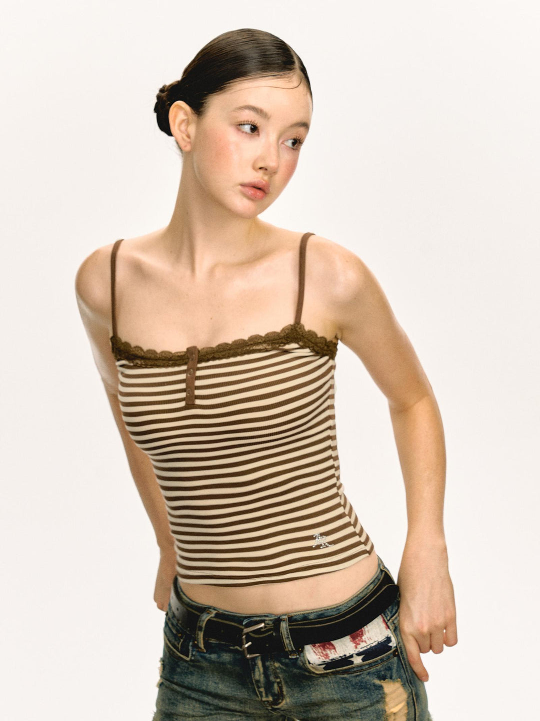 Retro Lace Striped Camisole Tank Top