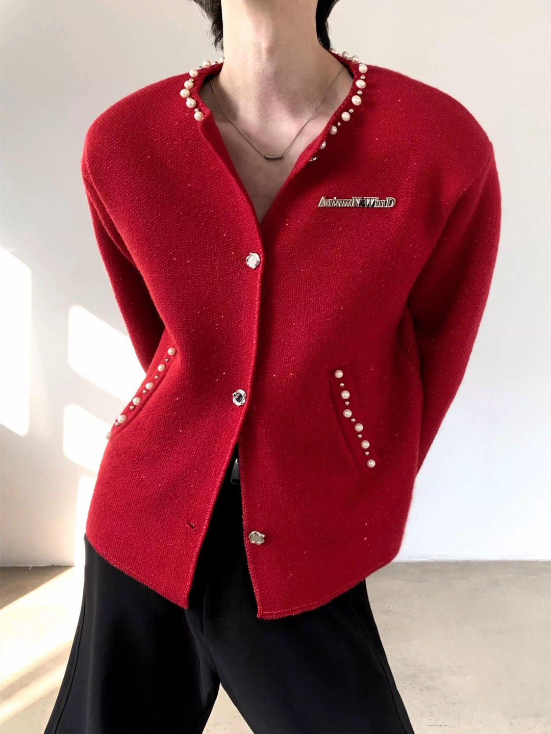 Crew Neck Pearl Trim Cardigan