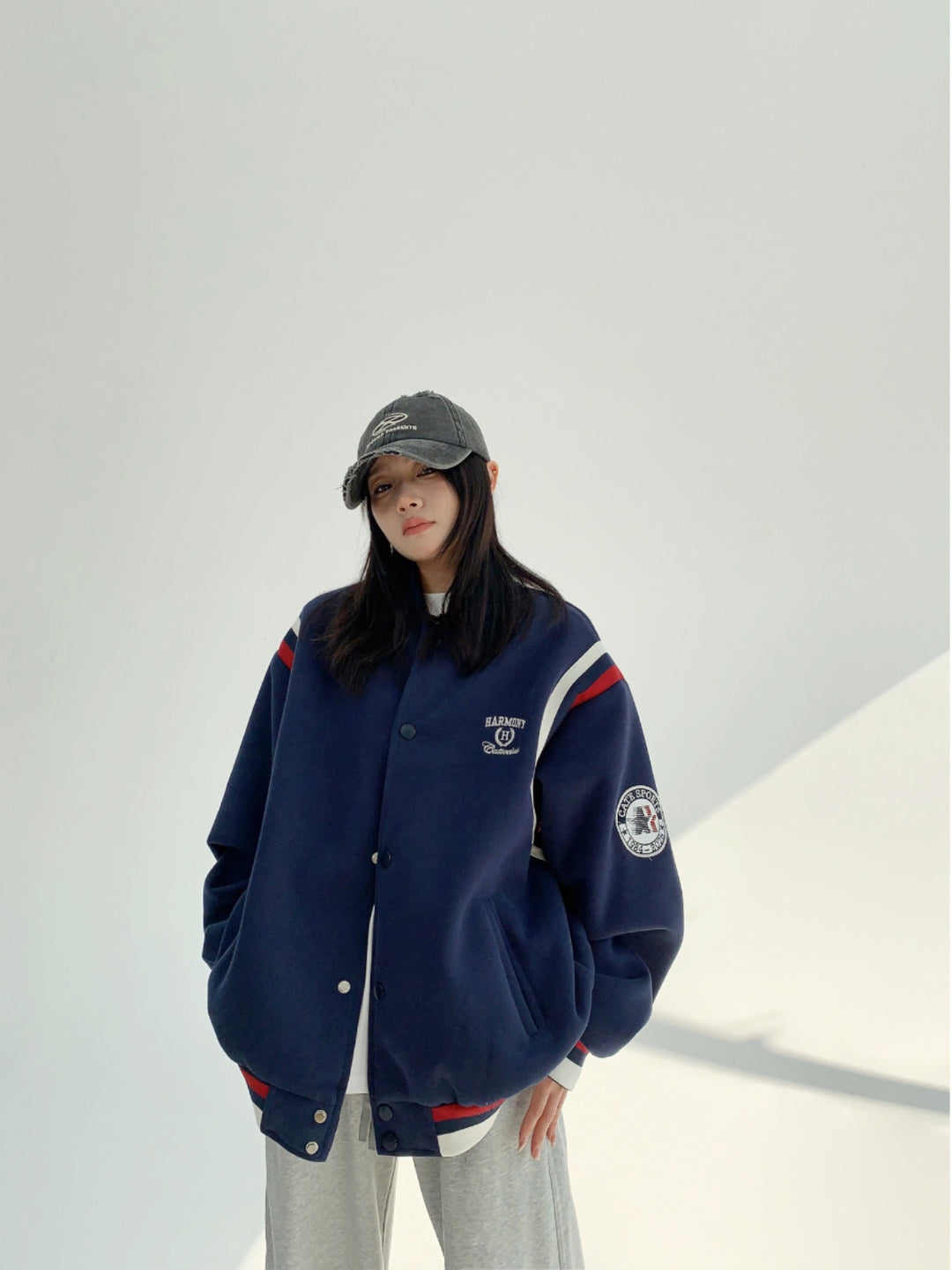 Embroidery Colorblock Baseball Jacket