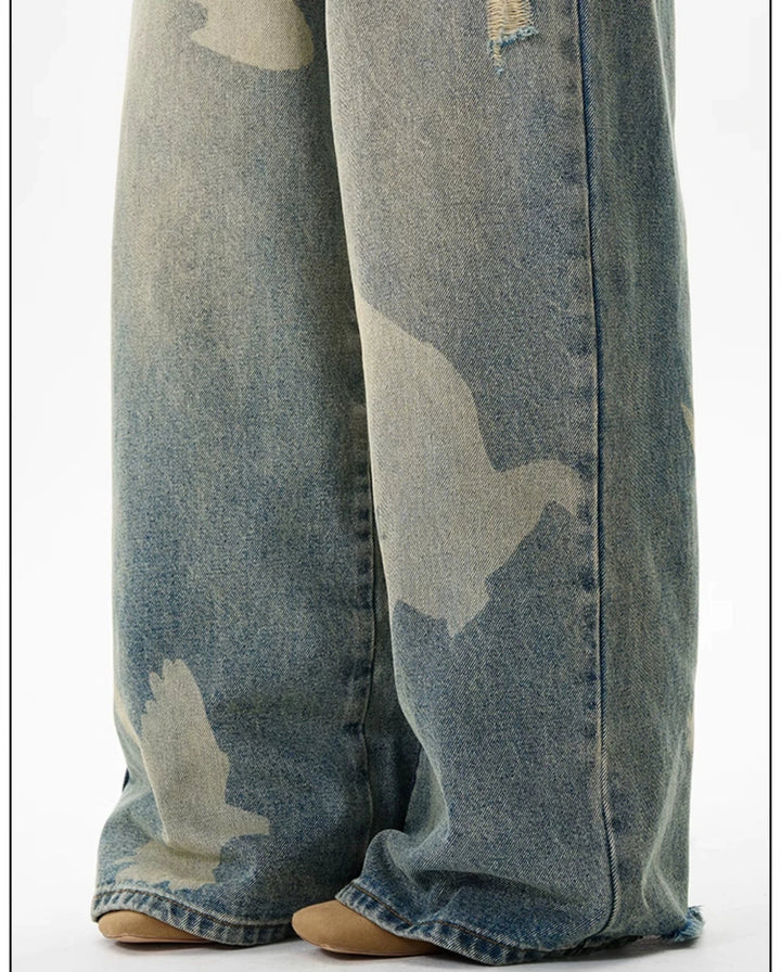 Pigeon Print Loose Straight Jeans