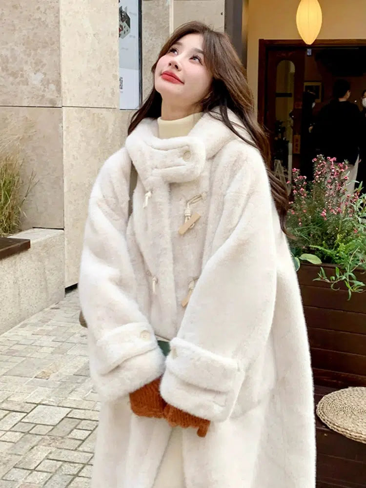 High-End Mink Wool Coat with Ox Horn Buttons-The Korean Fashion