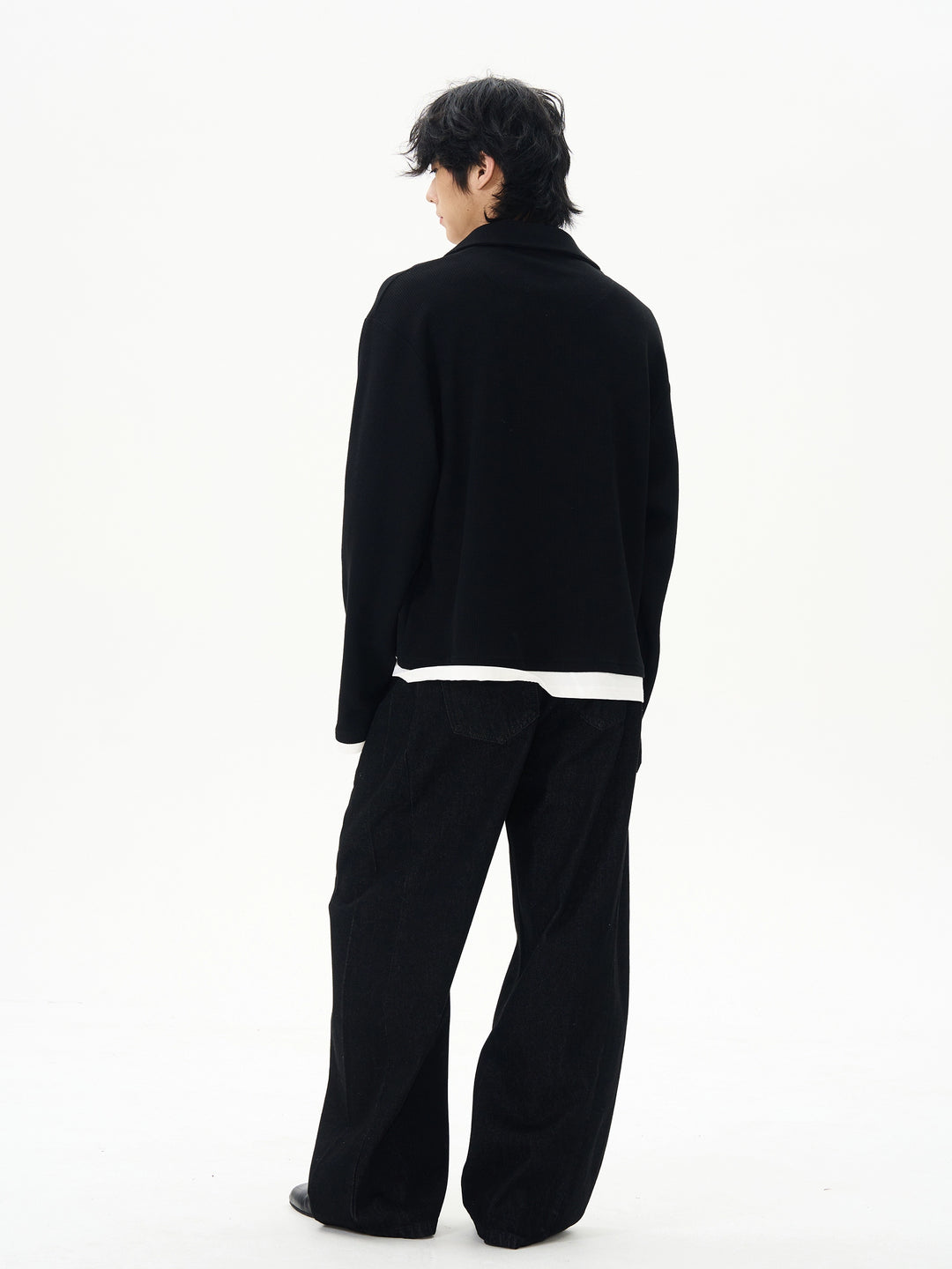 Black Waffle Polo Collar Sweatshirt