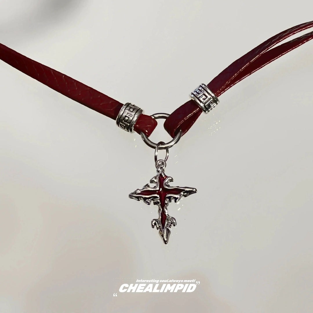 Red Leather Cross Choker Necklace