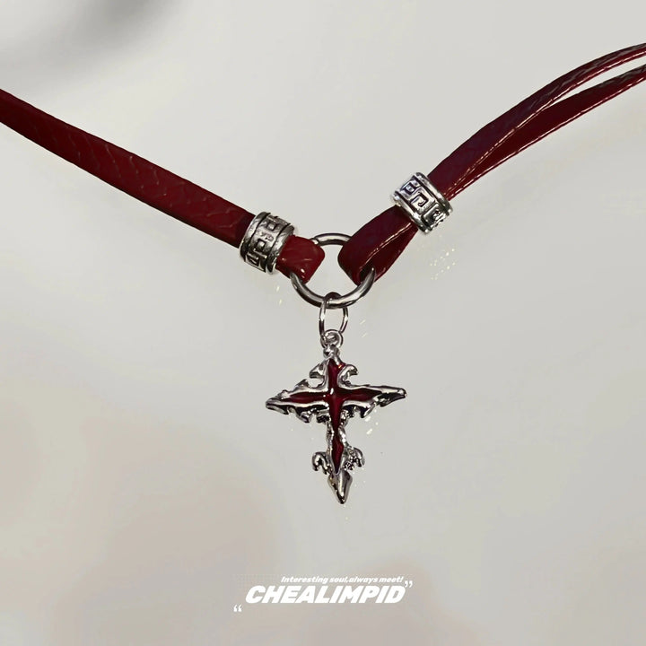 Leather Cross Choker Necklace with Pendant-The Korean Fashion