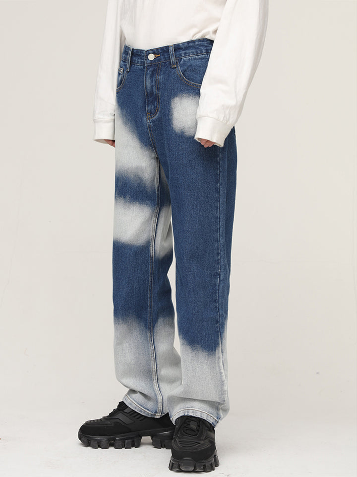 Jeans droits amples en tie-dye lavé 