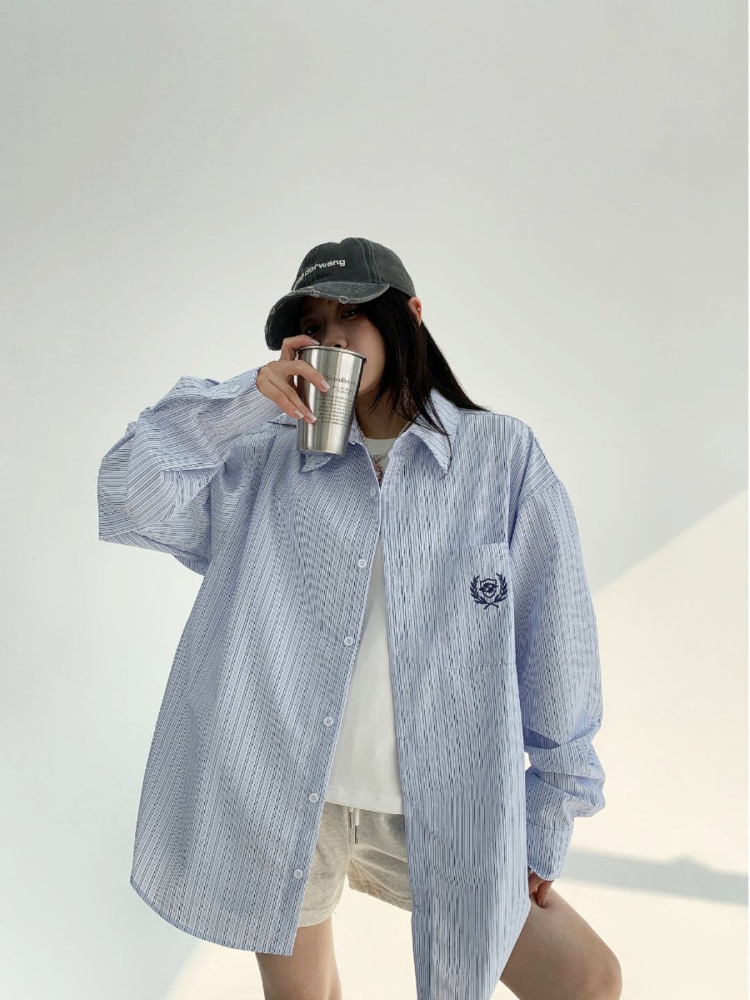 Oversized Striped Embroidered Long Shirt