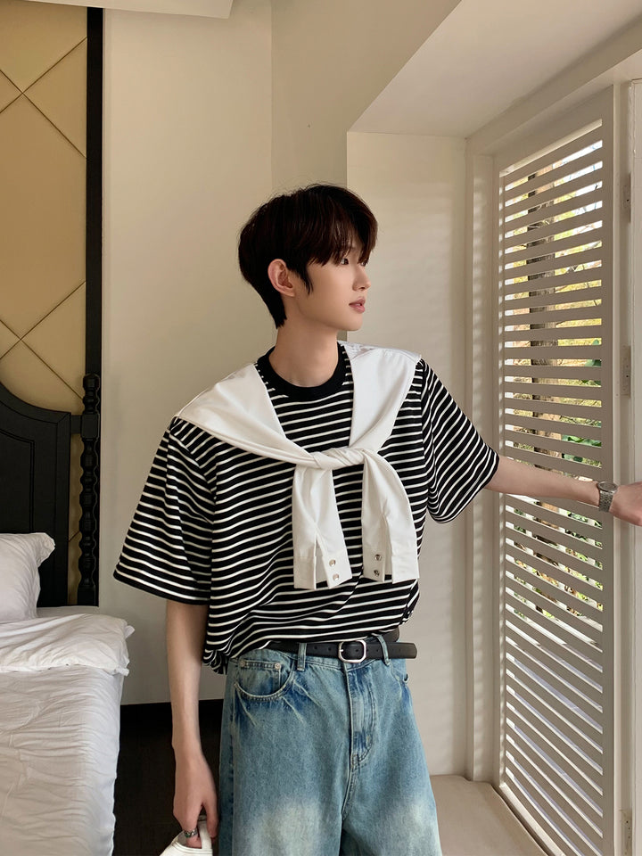 Striped Short-Sleeve T-shirt with Cape