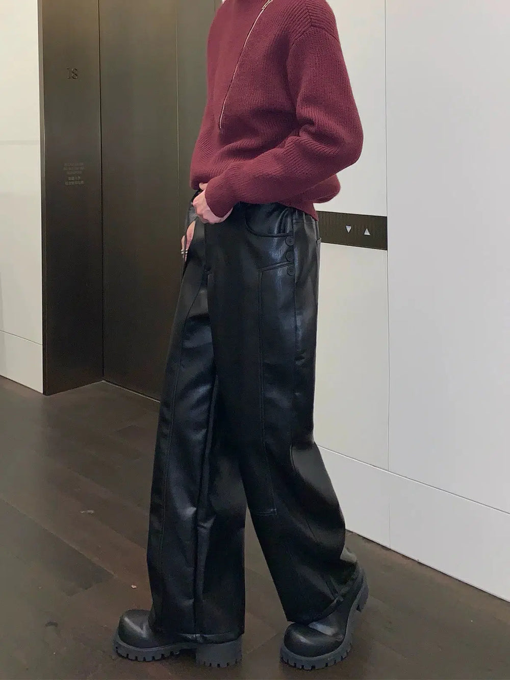 Lace-up Straight-leg Leather Pants