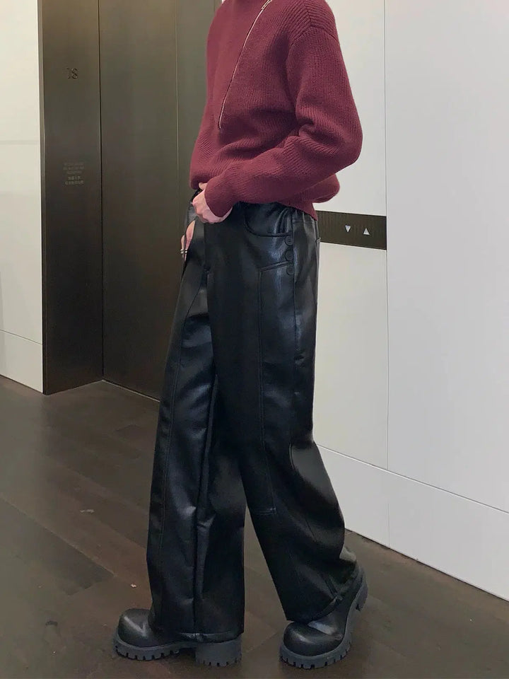 Leather Lace-up Straight Casual Pants-The Korean Fashion