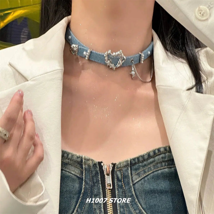 Denim Punk Heart Choker Necklace