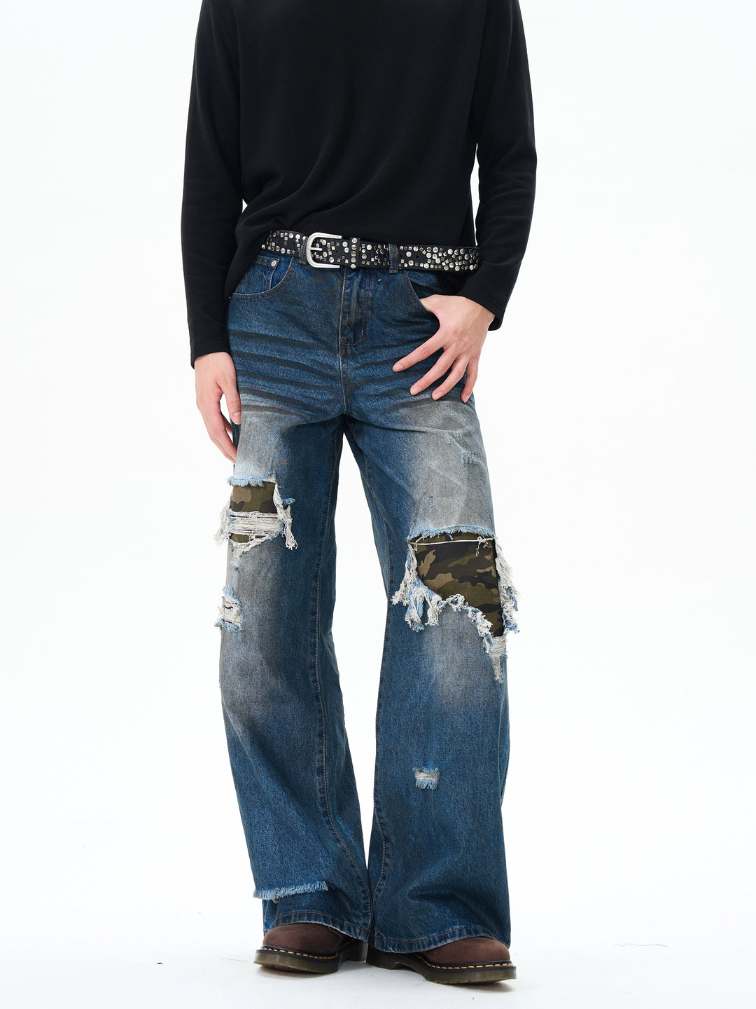 Loose Fit Ripped Camouflage Patch Jeans