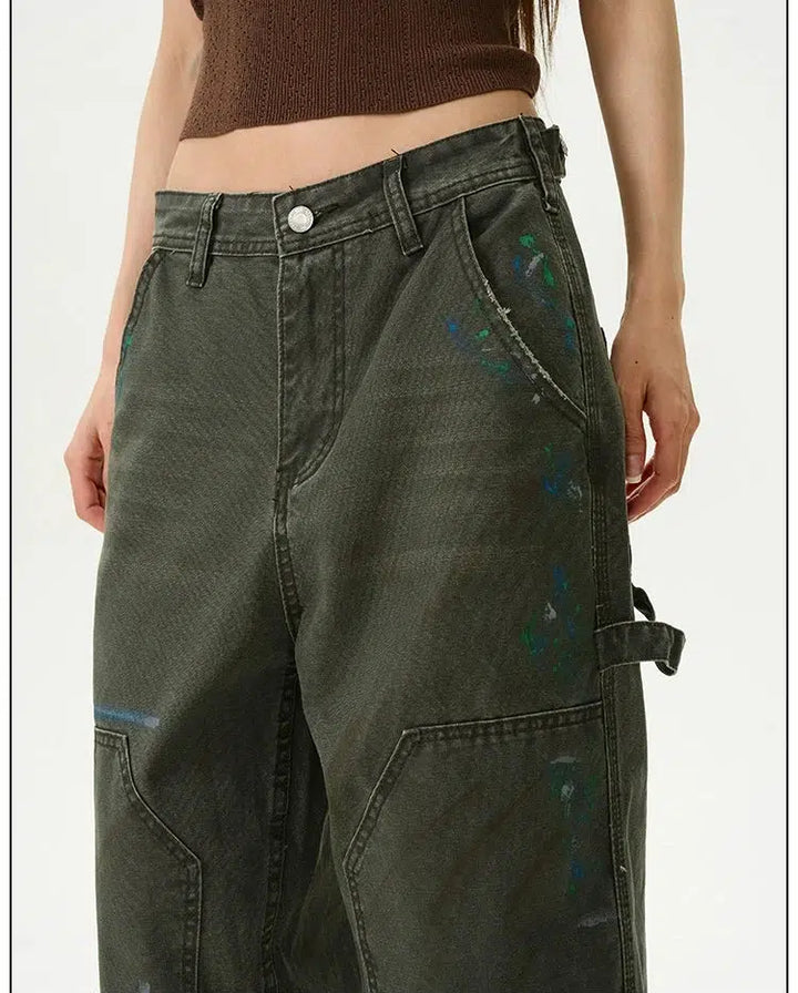 Retro Ink-Splashed Denim Cargo Pants