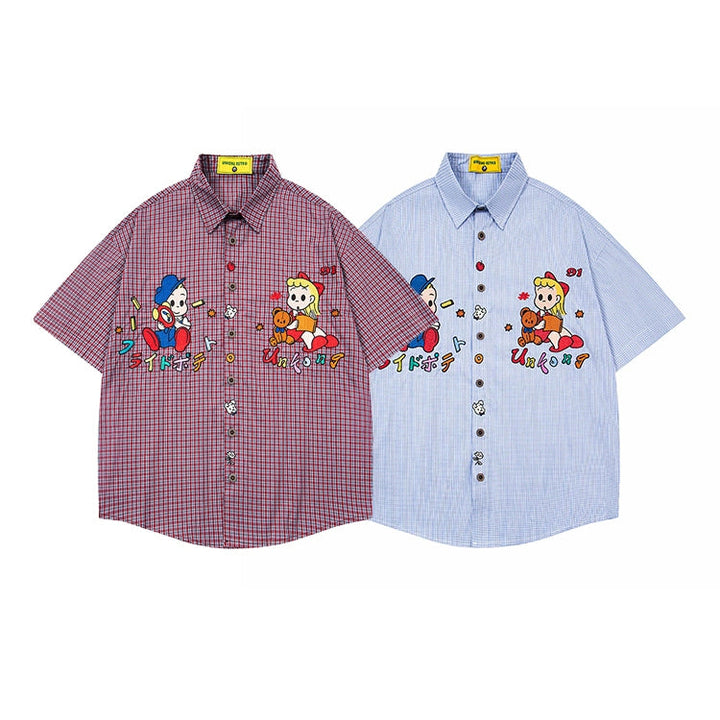 Cartoon Embroidered Plaid Short-Sleeve Shirt