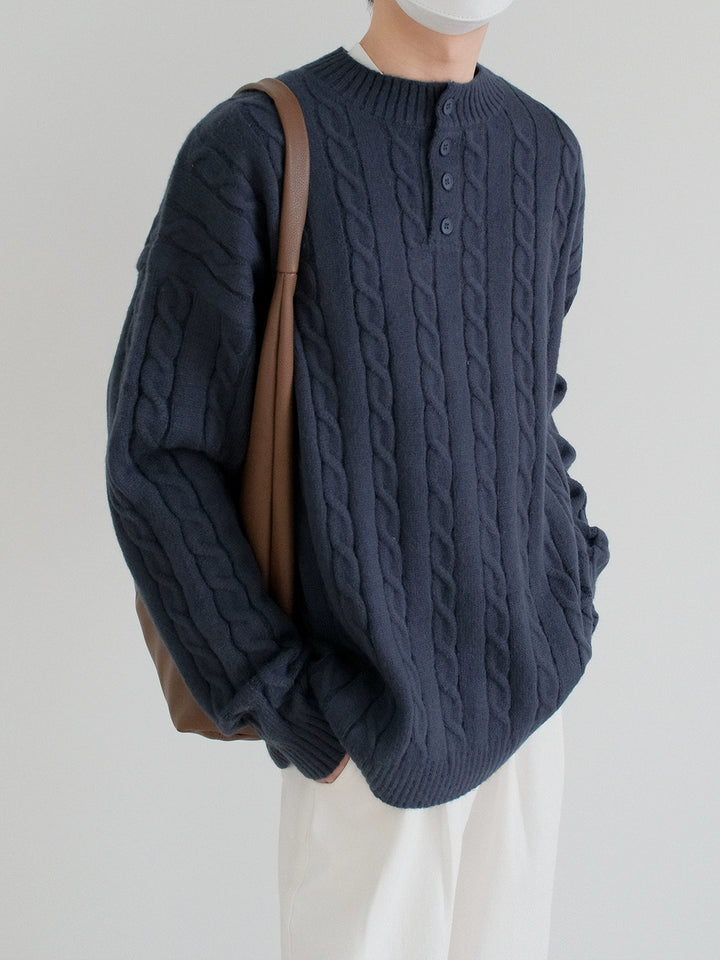 Button Neck Cable Knit Sweater