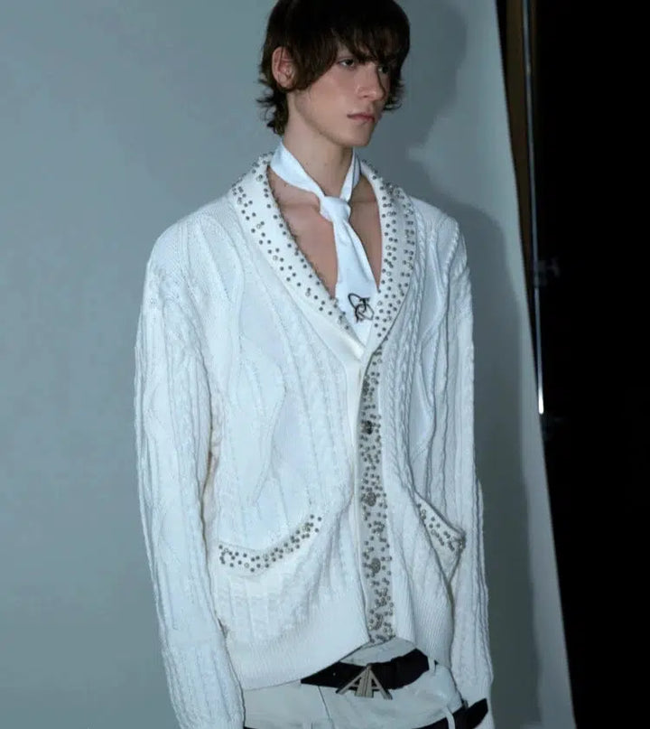 Pearl-Embellished Cable Knit Cardigan-The Korean Fashion