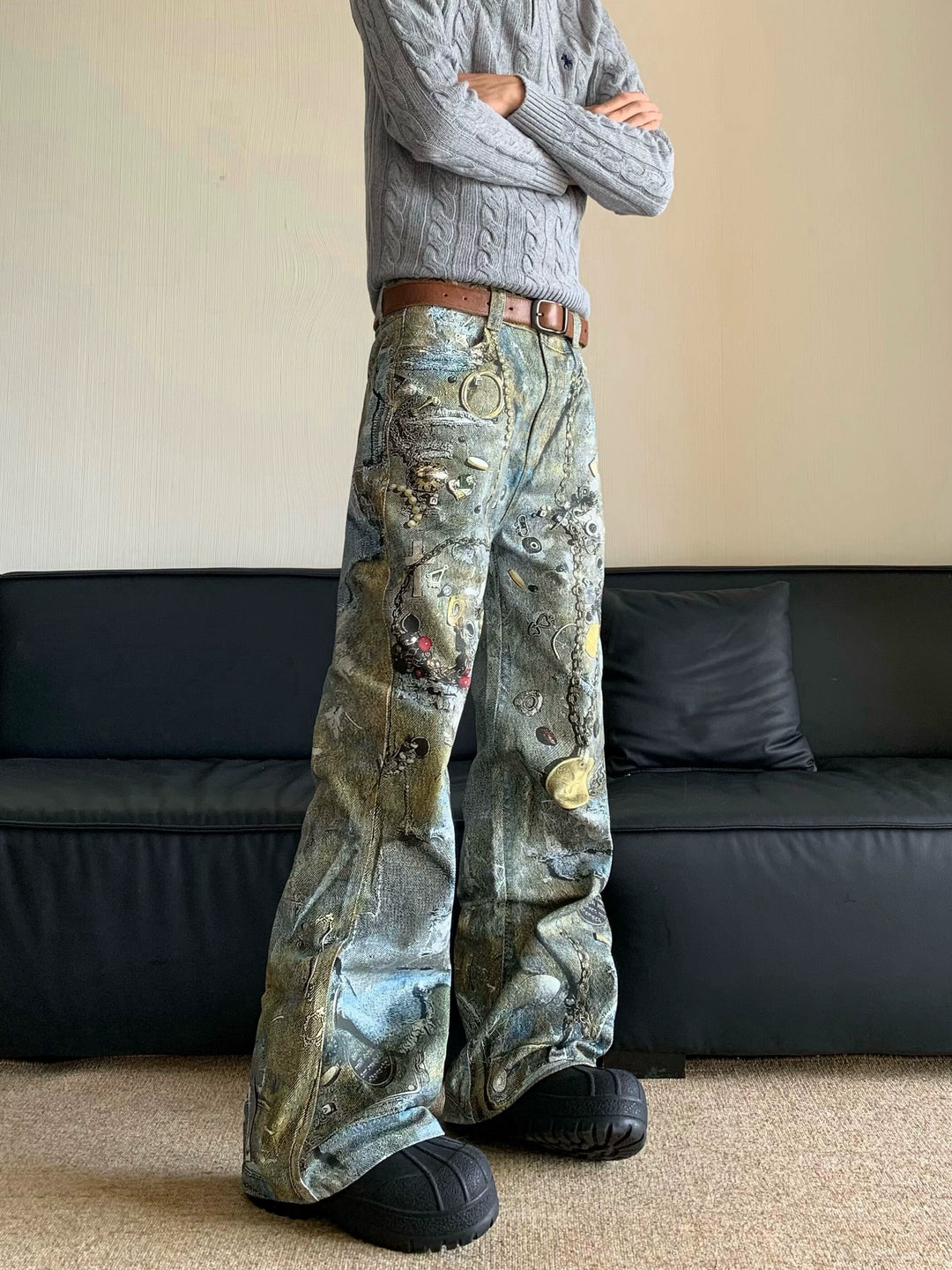 3D Printed Loose Straight Denim Pants