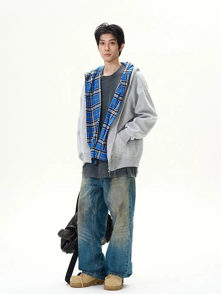 Retro Plaid Patchwork Hooded Zipper Sweatshirt-The Korean Fashion