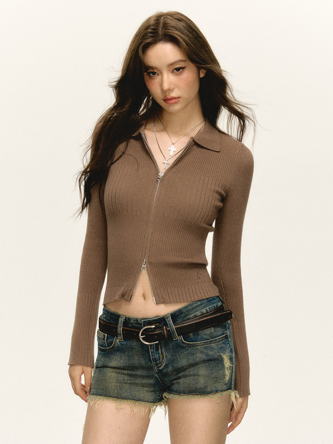 Lapel Zipper Knit Cardigan Top