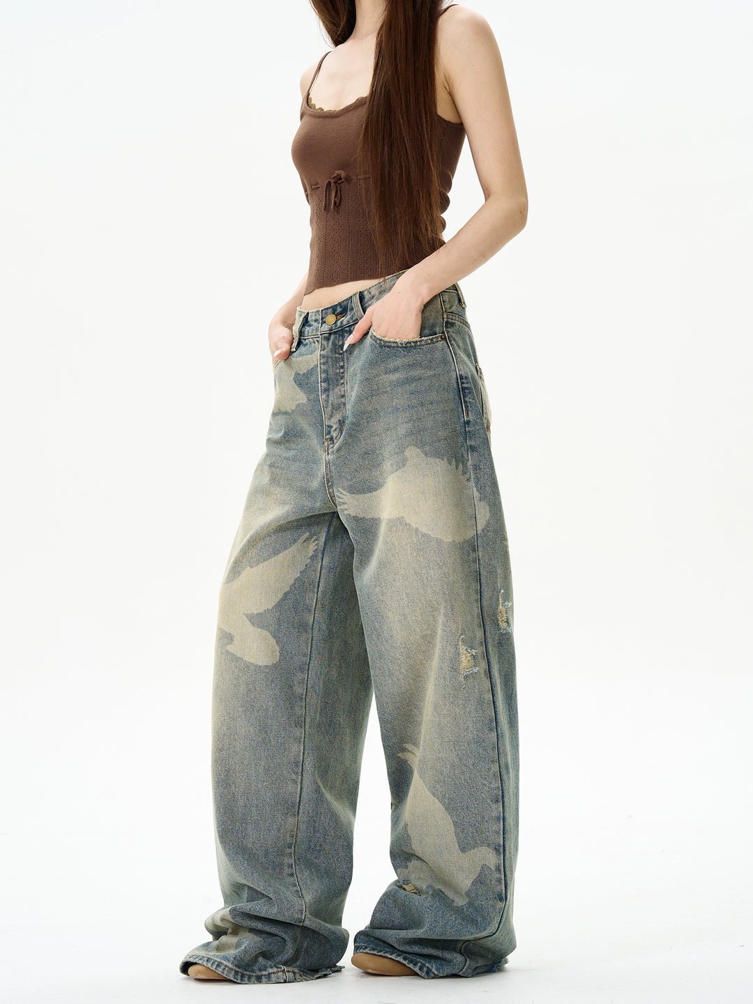 Pigeon Print Loose Straight Jeans