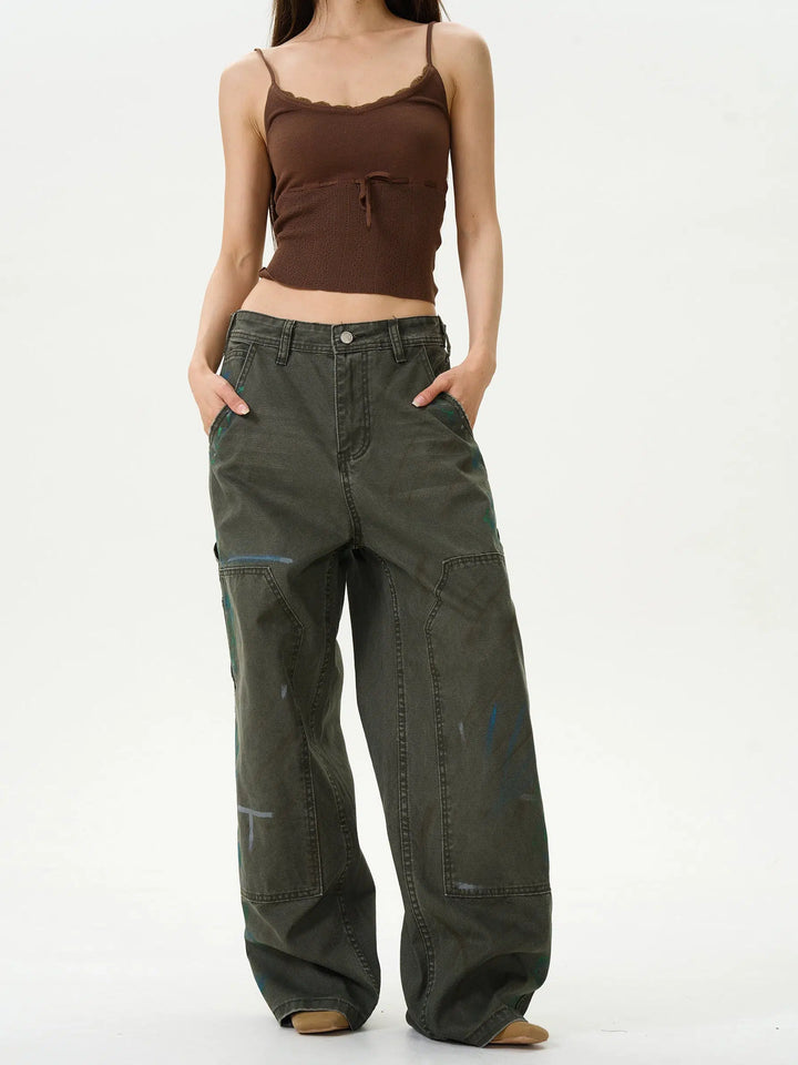 Retro Ink-Splashed Denim Cargo Pants