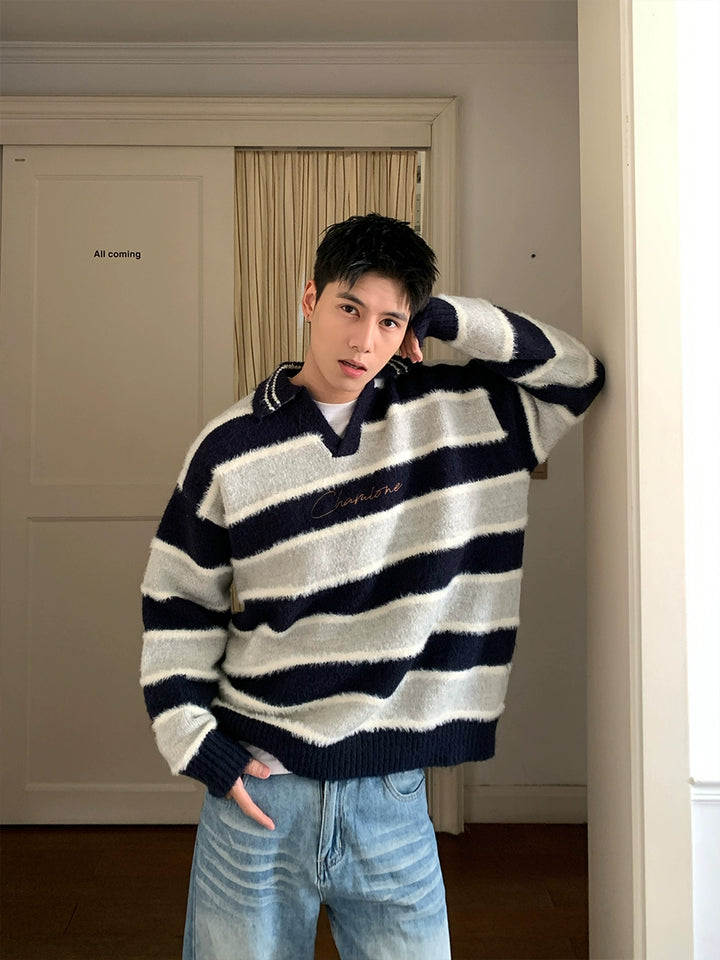 Striped Retro Polo Knit Sweater