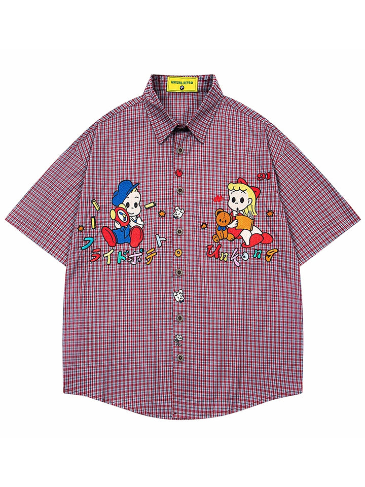 Cartoon Embroidered Plaid Short-Sleeve Shirt