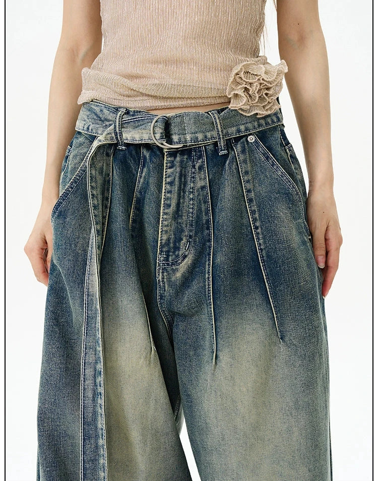 Retro Loose Wide-Leg Belted Jeans