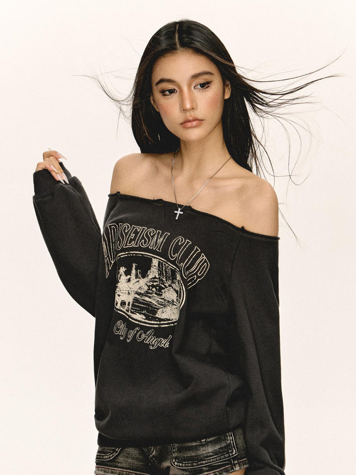 Retro Off-Shoulder Pullover Sweatshirt