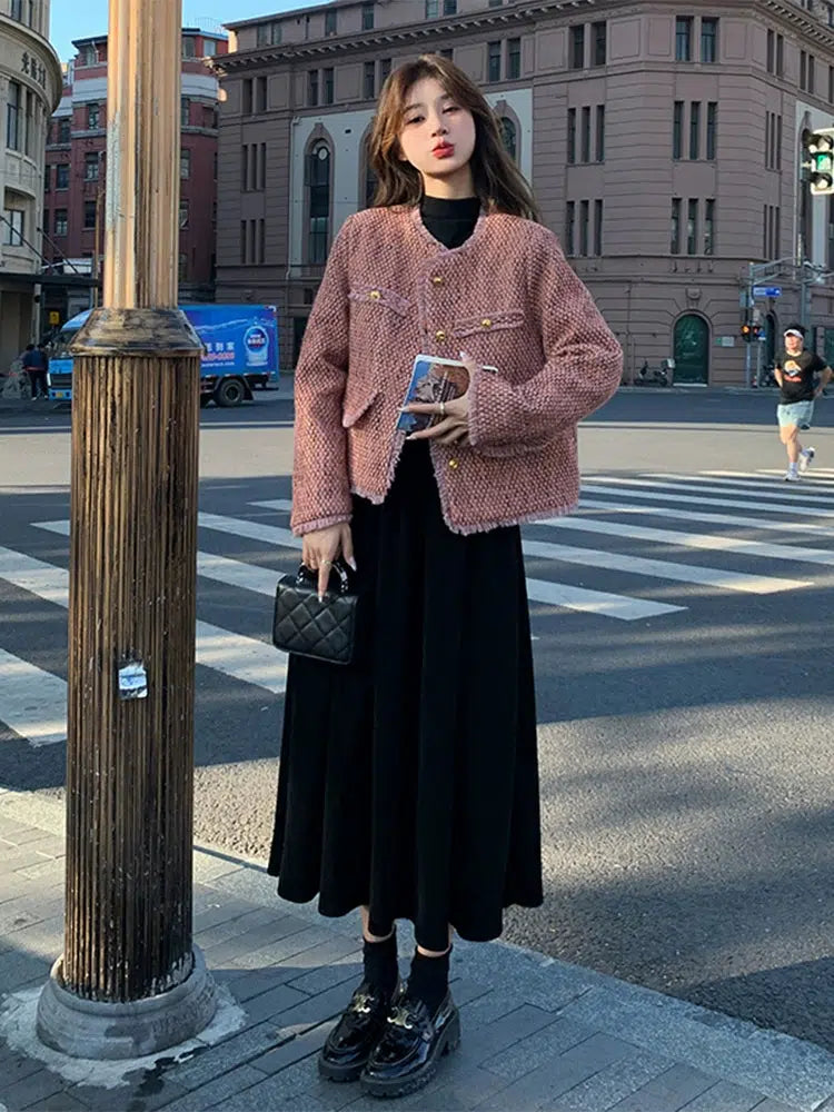 Tweed Tassel Two-Piece Coat Dress Suit-The Korean Fashion