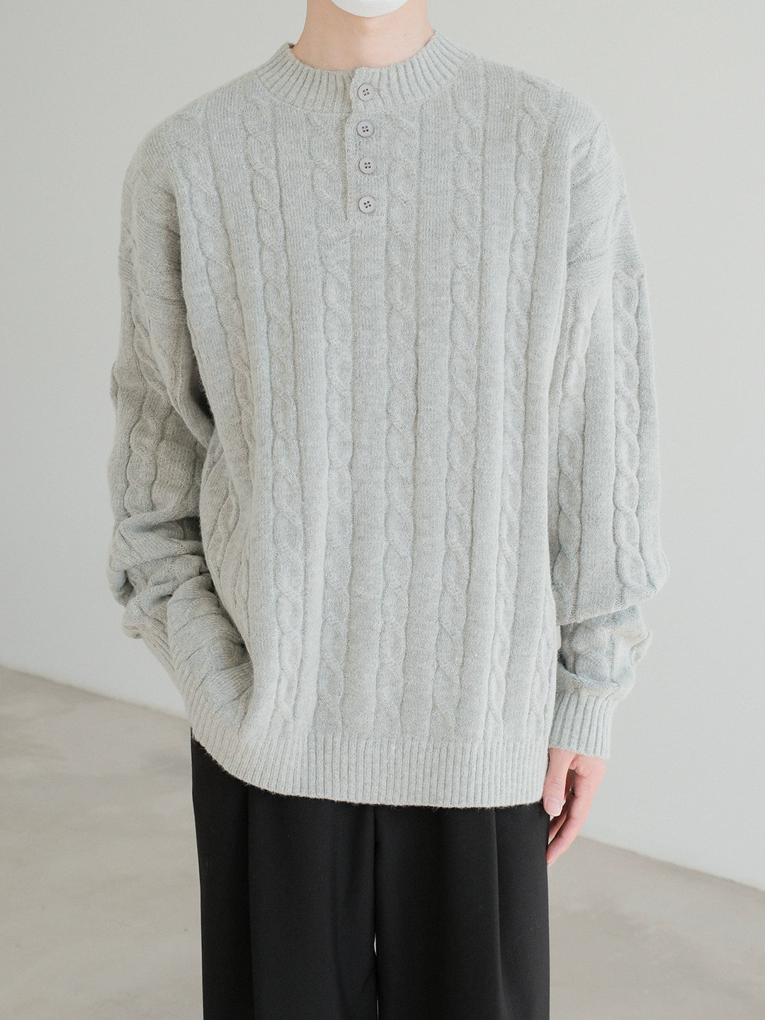 Button Neck Cable Knit Sweater