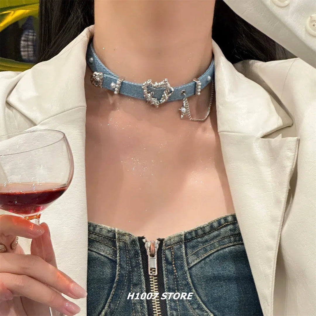 Denim Punk Heart Choker Necklace