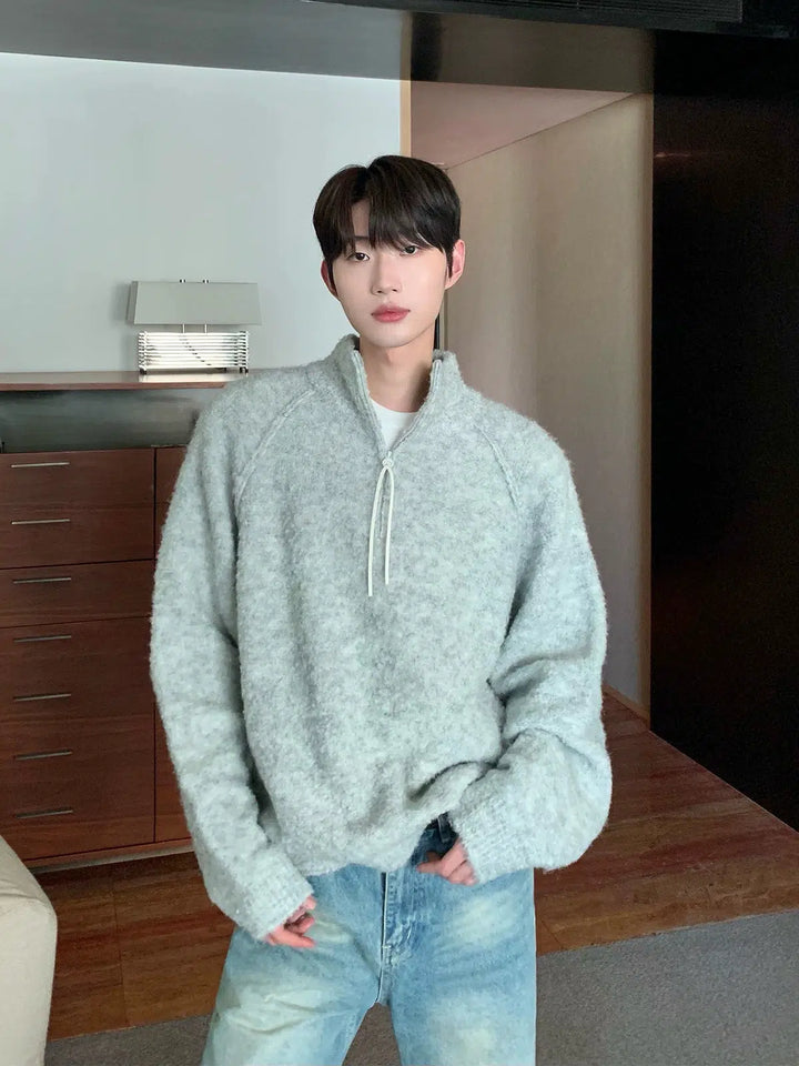 Wool Half Zip Stand Collar Sweater-The Korean Fashion