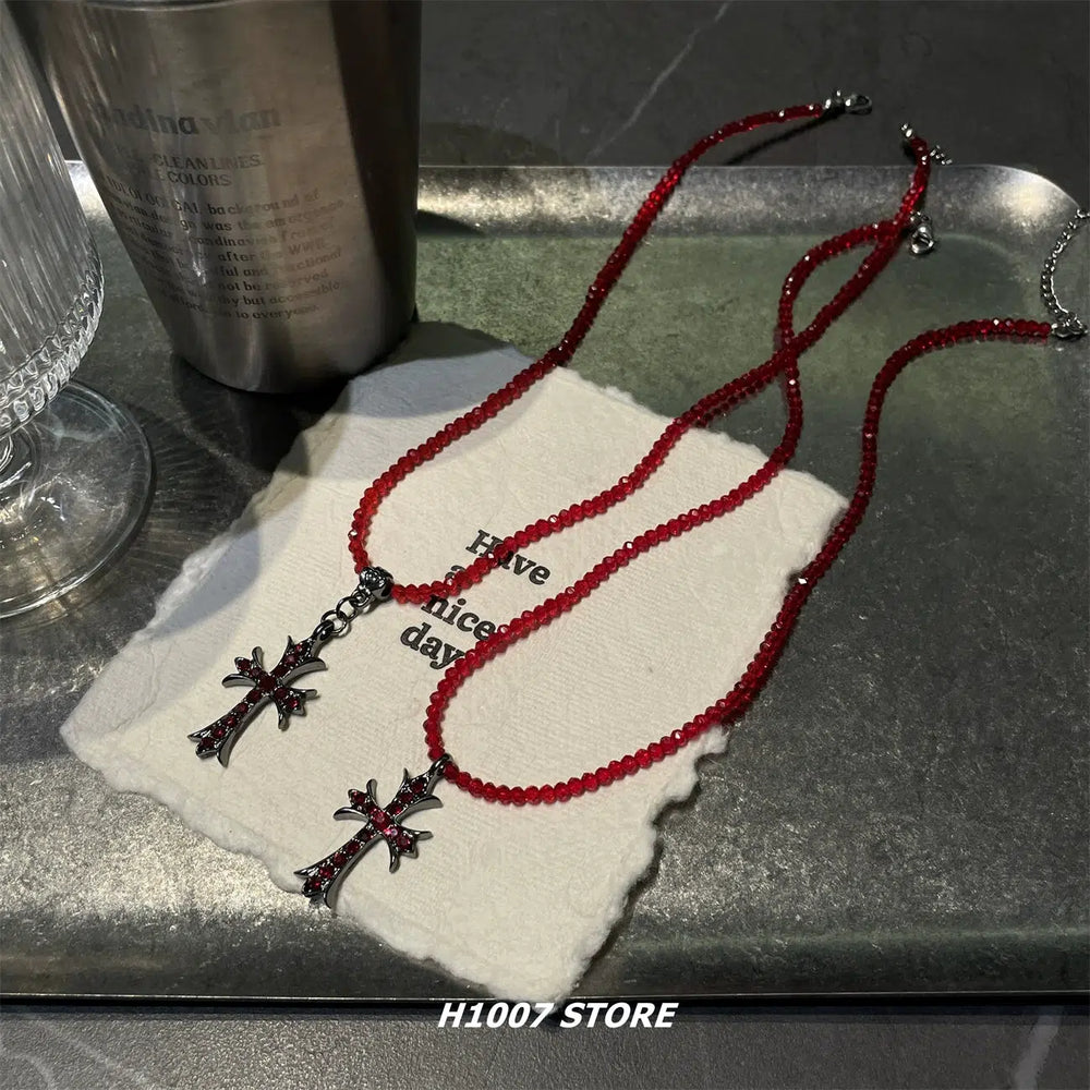 Red Beaded Cross Necklace