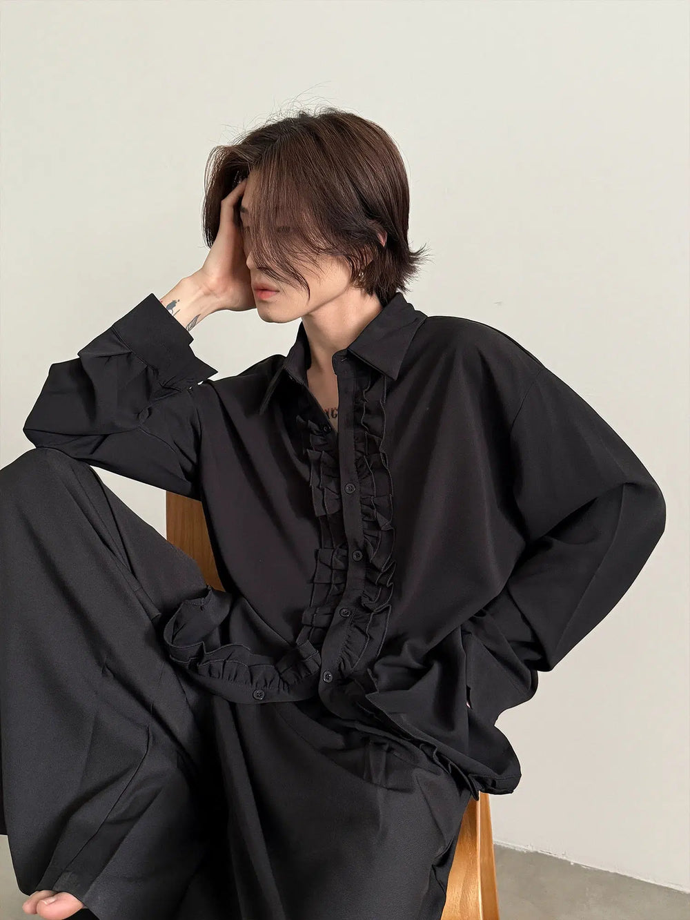 Pleated Ruffle Long-Sleeve Shirt-The Korean Fashion