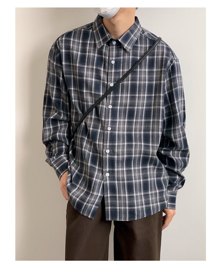 Dark Blue Long-sleeved Check Shirt