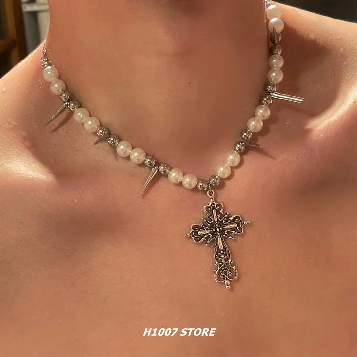 Pearl Spike Cross Pendant Necklace