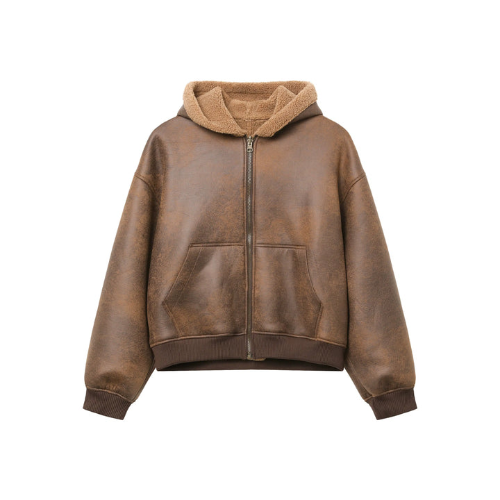 Lambskin Collar Leather Hooded Jacket