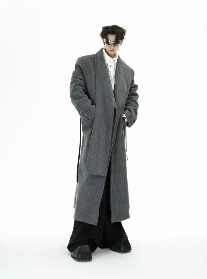 Deconstructed Woolen Long Coat with Metal Strap