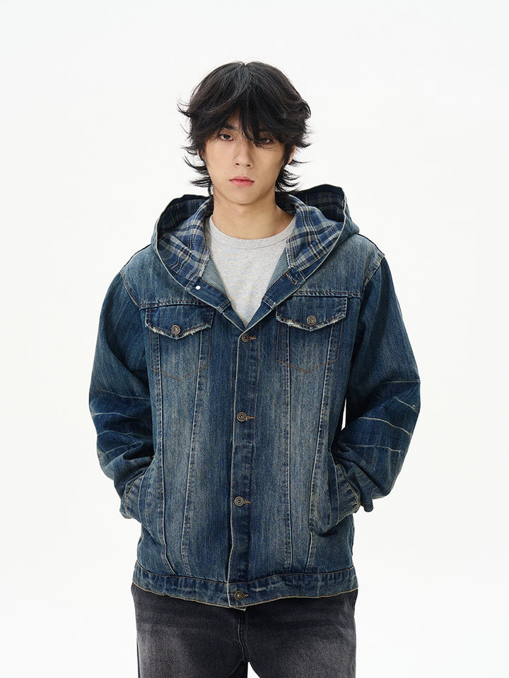 Hooded Denim Jacket with Plaid Lining