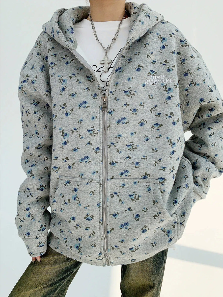 Floral Hooded Zip-Up Coat