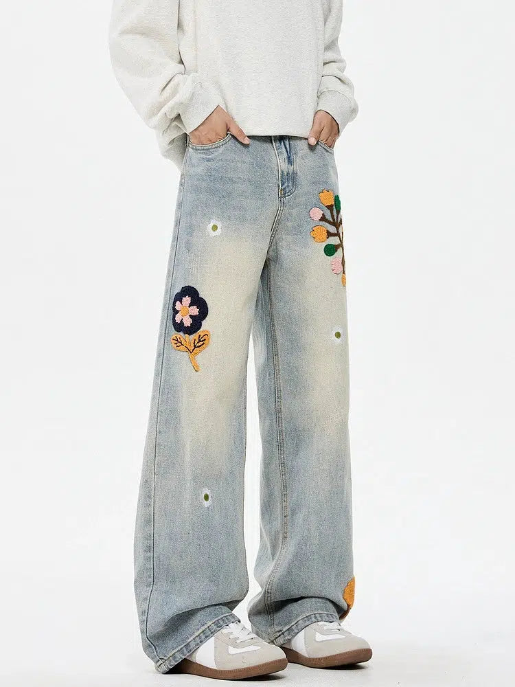 Embroidered Floral Straight-Leg Casual Jeans-The Korean Fashion